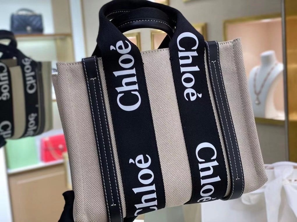 Chloe Small Woody Tote Bag in Canvas with Black Leather Strips