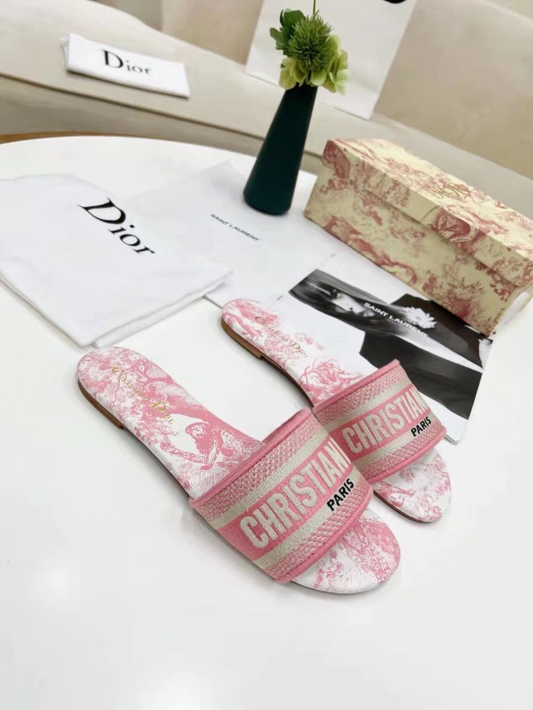 Dior Dway Slides In Peony Pink Toile de Jouy Embroidered Cotton