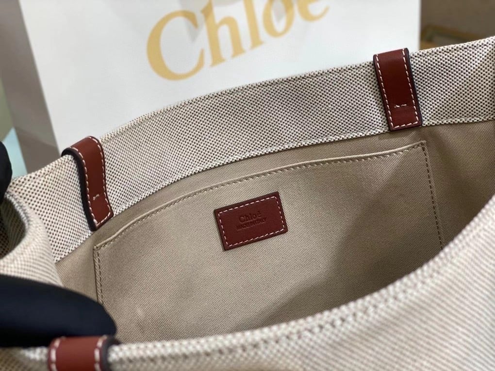 Chloe Medium Woody Tote Bag in Canvas with Brown Leather Strips