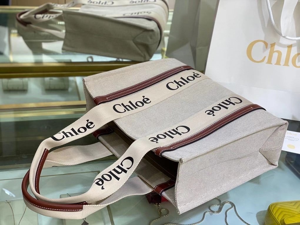 Chloe Medium Woody Tote Bag in Canvas with Brown Leather Strips