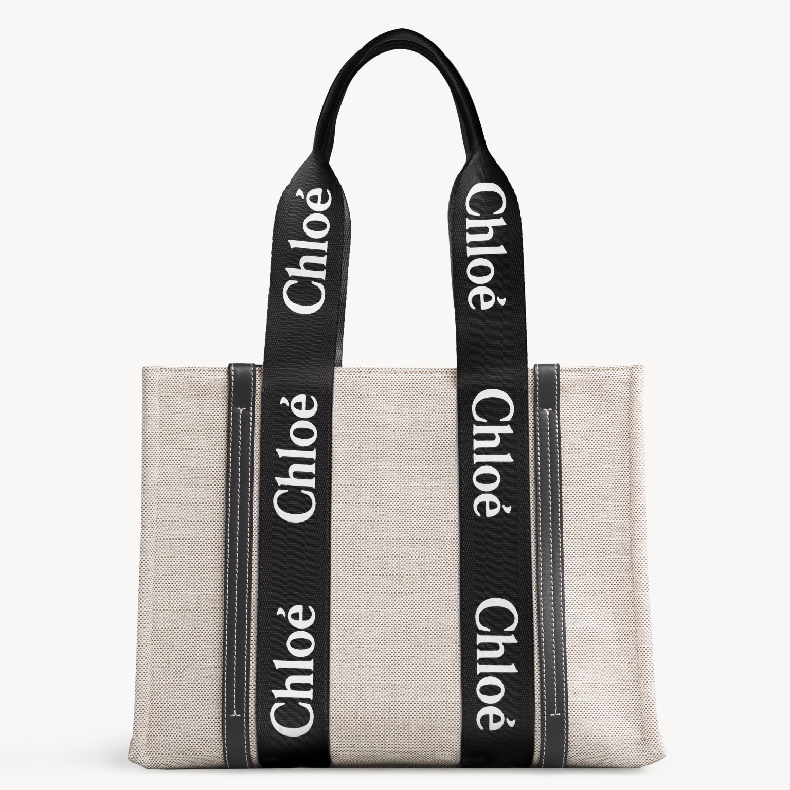 Chloe Medium Woody Tote Bag in Canvas with Black Leather Strips