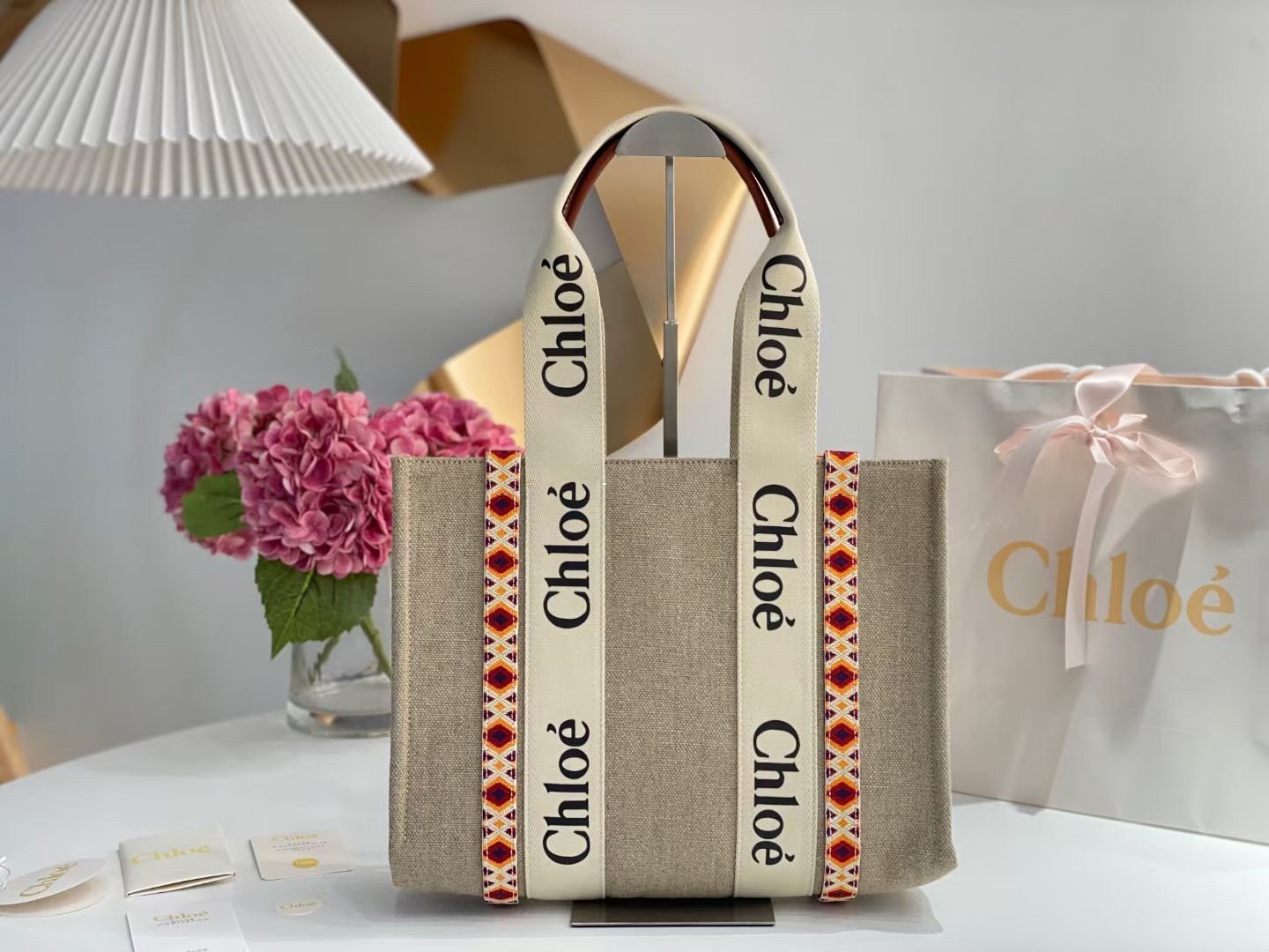 Chloe Medium Woody Tote Bag with Hand-embroidered