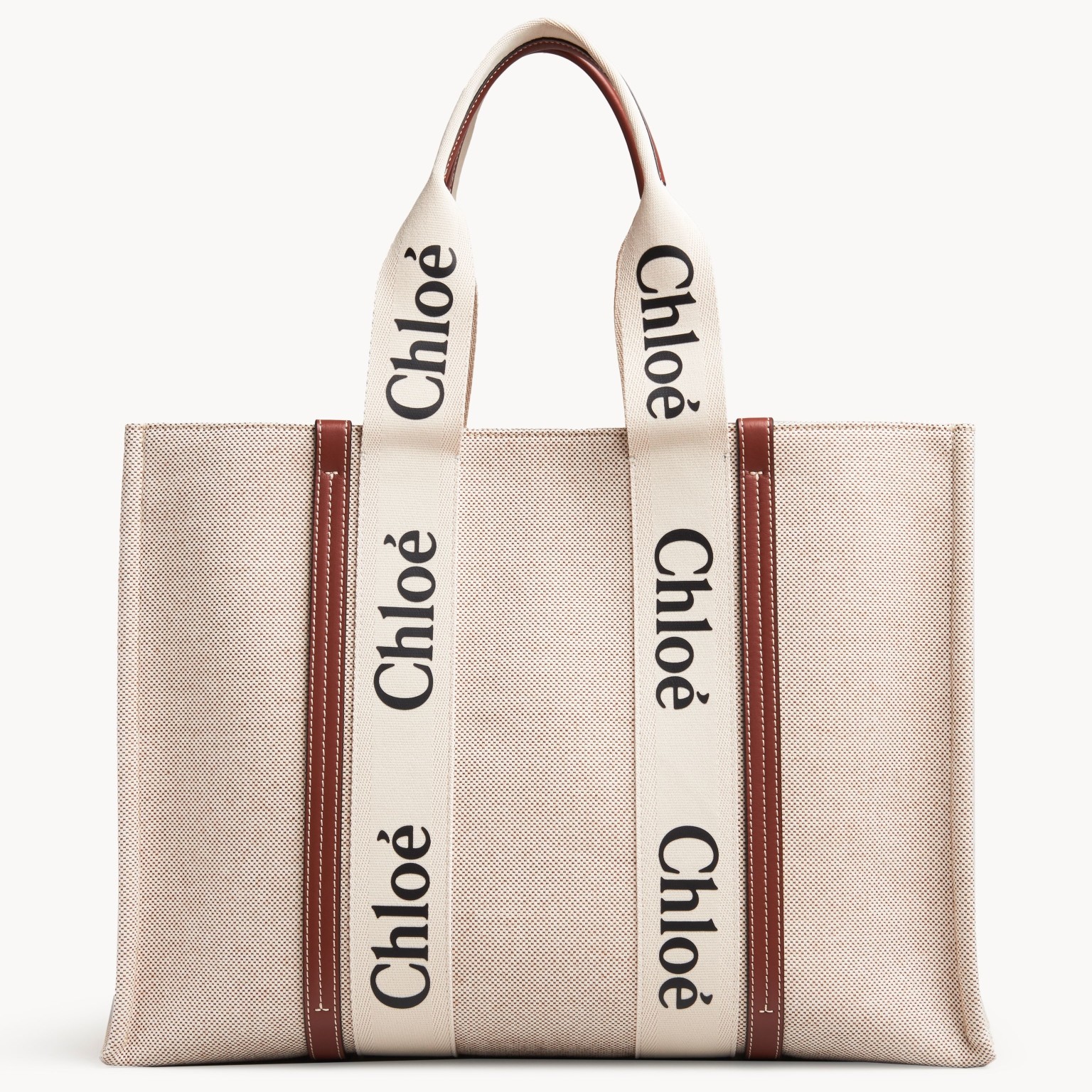 Chloe Large Woody Tote Bag in Canvas with Brown Leather Strips