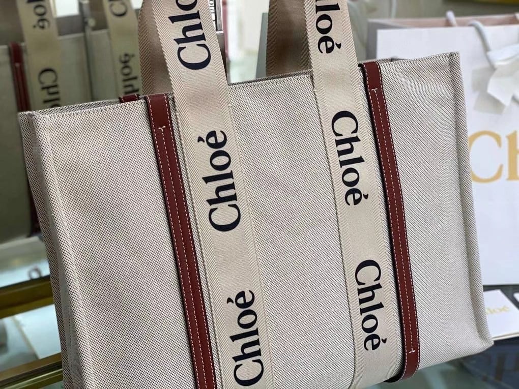 Chloe Large Woody Tote Bag in Canvas with Brown Leather Strips