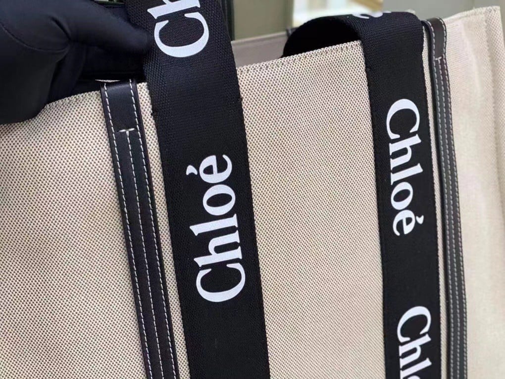 Chloe Large Woody Tote Bag in Canvas with Black Leather Strips