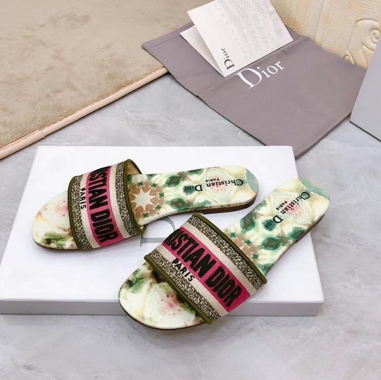 Dior Dway Slides In Green Kaleidiorscopic Embroidered Cotton