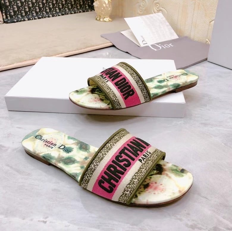 Dior Dway Slides In Green Kaleidiorscopic Embroidered Cotton