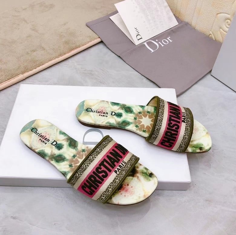 Dior Dway Slides In Green Kaleidiorscopic Embroidered Cotton