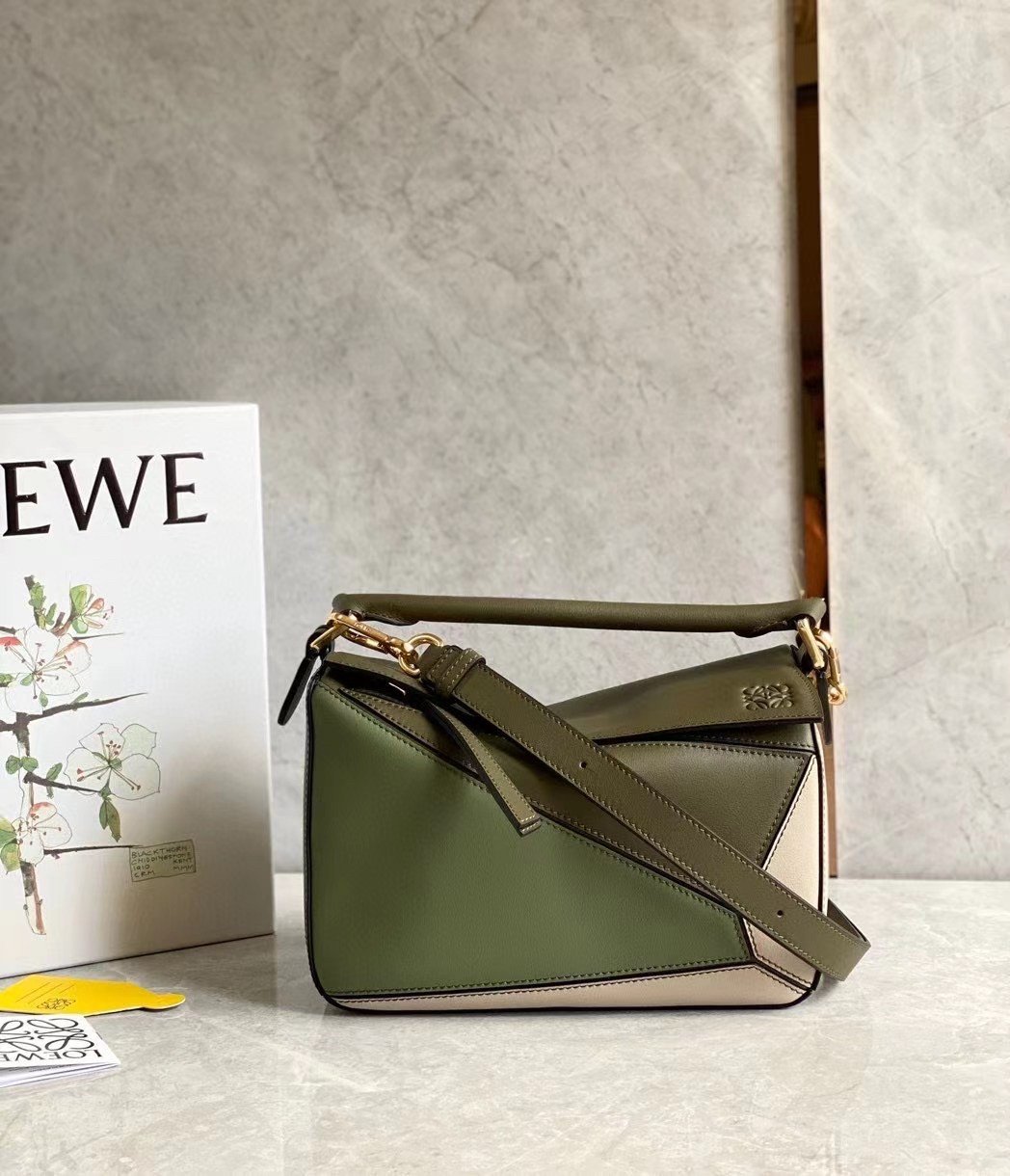 Loewe Puzzle Small Bag In Multicolour Green Calfskin