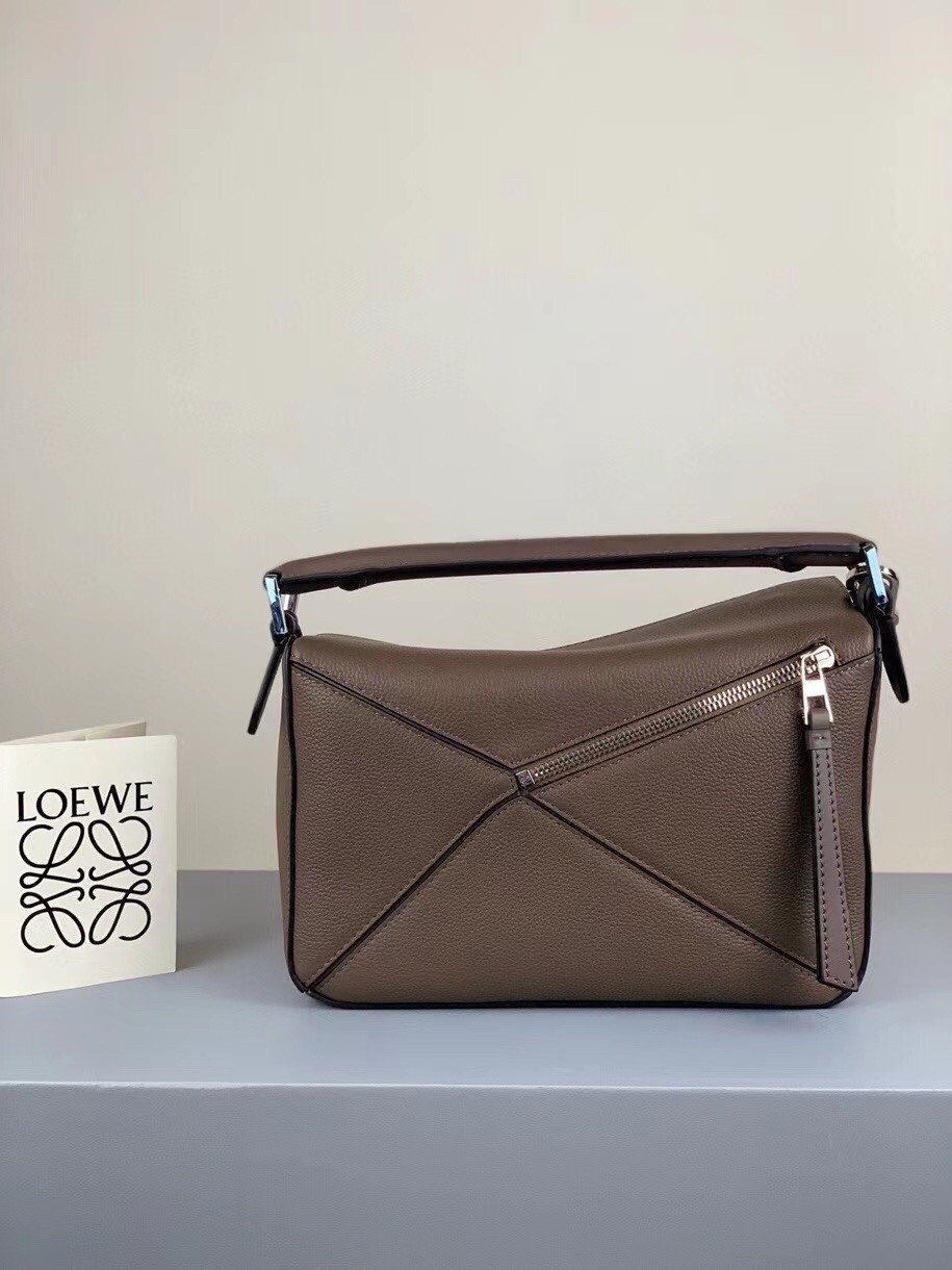 Loewe Puzzle Small Bag In Dark Taupe Grained Calfskin