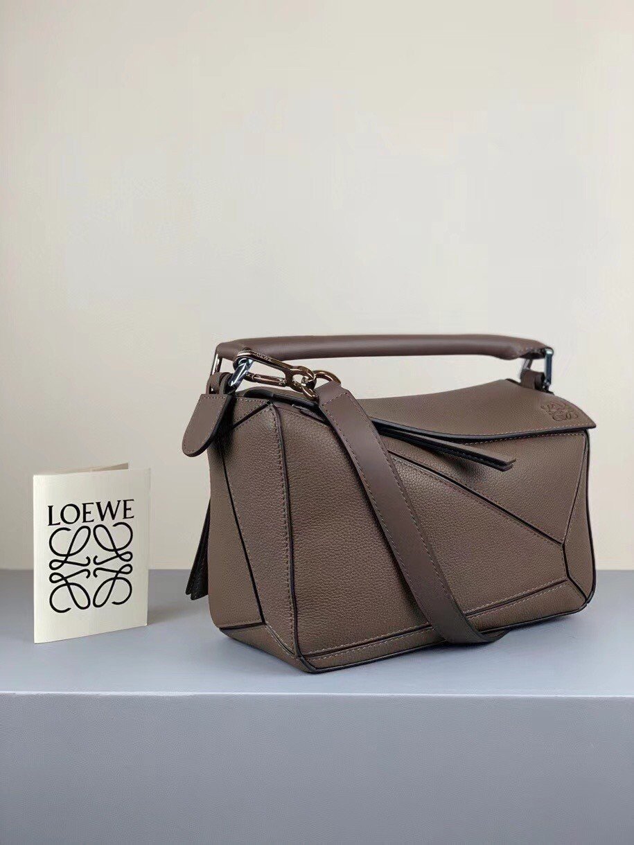 Loewe Puzzle Small Bag In Dark Taupe Grained Calfskin