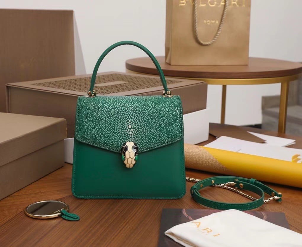 Bvlgari Serpenti Forever Small Bag In Green Galuchat Leather