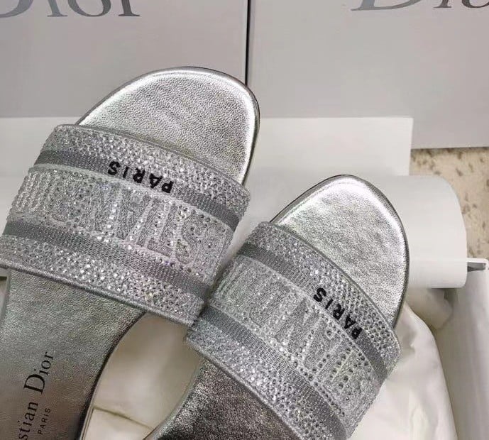 Dior Dway Slides In Grey Metallic Thread Embroidery and Strass