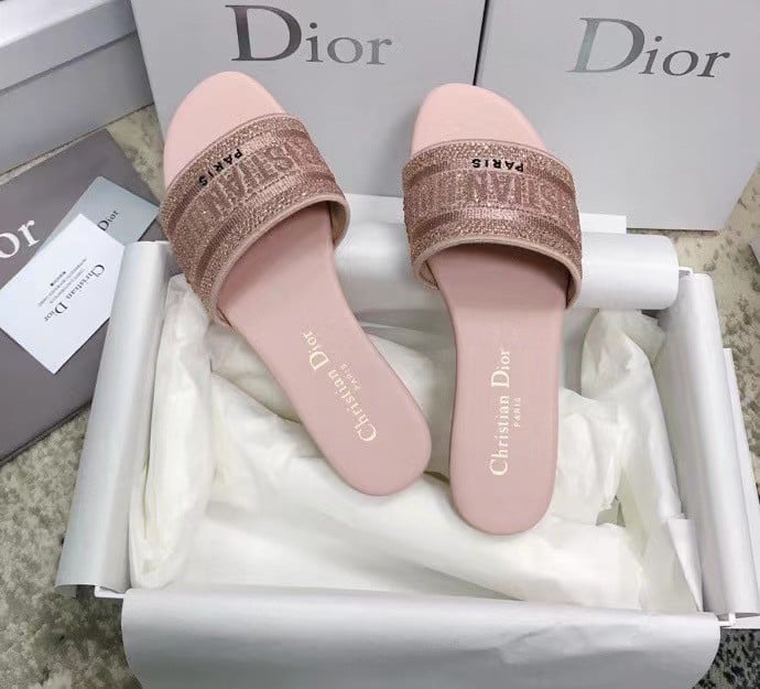 Dior Dway Slides In Pink Metallic Thread Embroidery and Strass