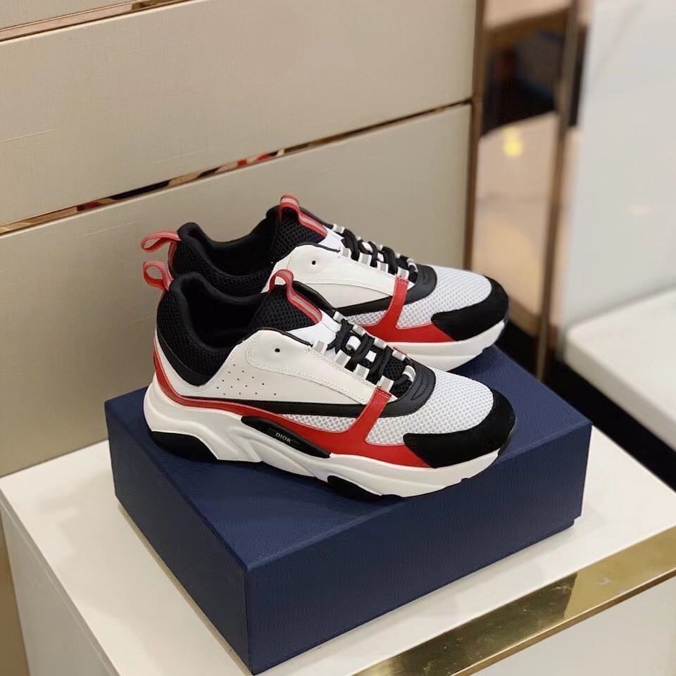 Dior Men's B22 Sneakers In Red Leather and White Mesh