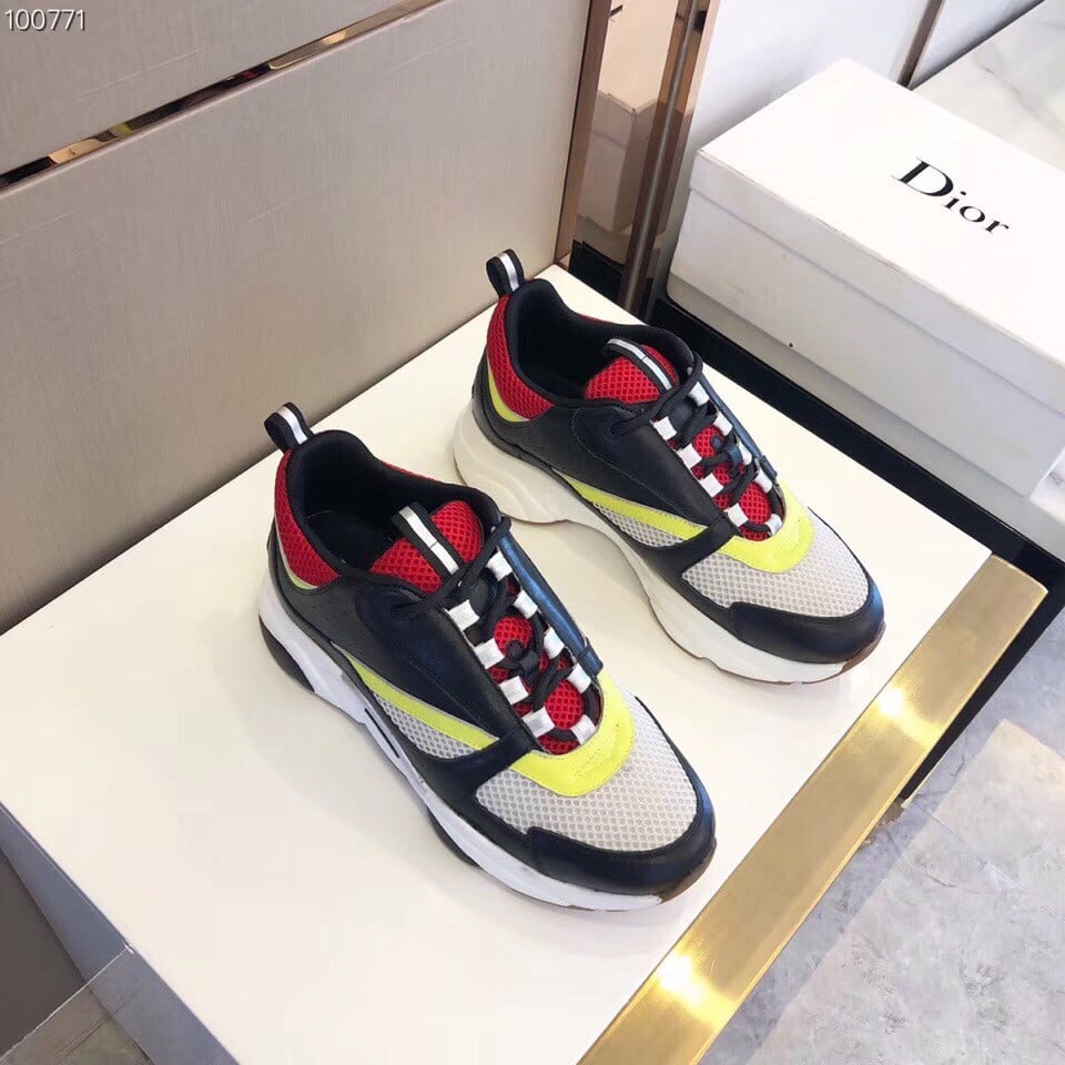 Dior Men's B22 Sneakers In Black Leather and White Mesh