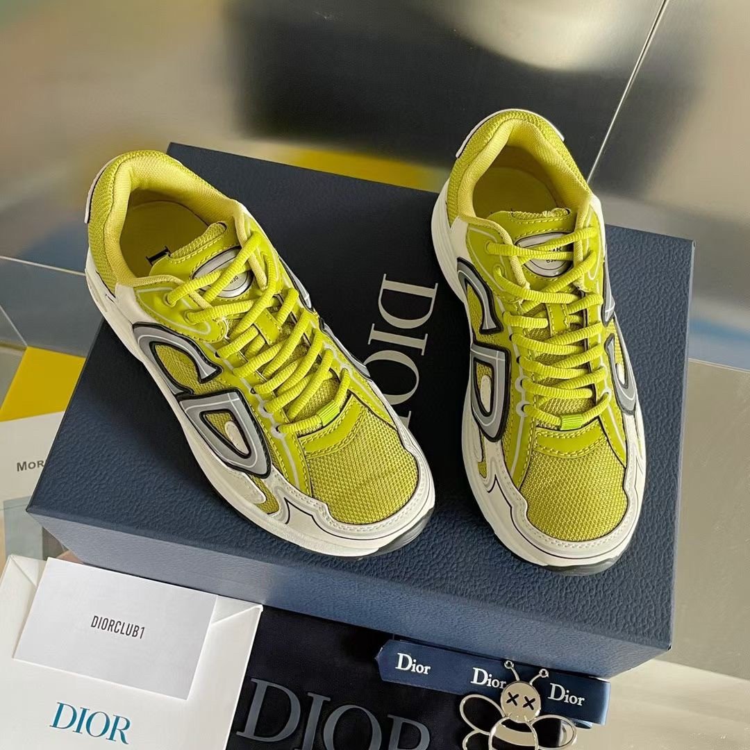 Dior Men's B30 Sneakers In Yellow Mesh and White Fabric