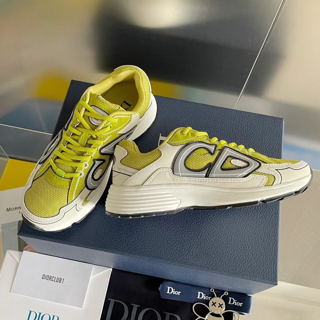 Dior Men's B30 Sneakers In Yellow Mesh and White Fabric