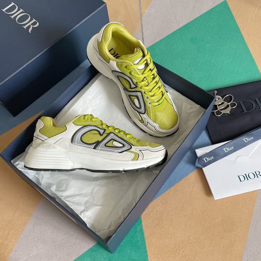 Dior Men's B30 Sneakers In Yellow Mesh and White Fabric