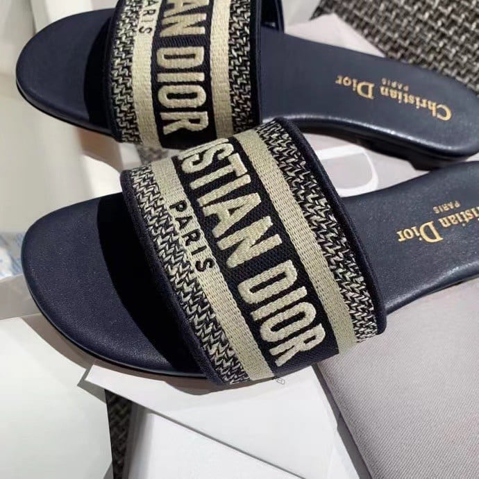 Dior Dway Slides In Deep Blue Embroidered Cotton