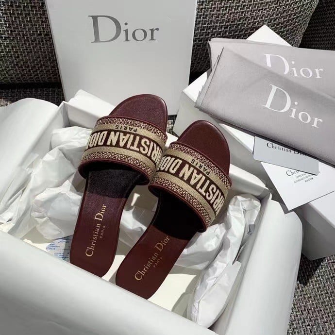 Dior Dway Slides In Burgundy Embroidered Cotton