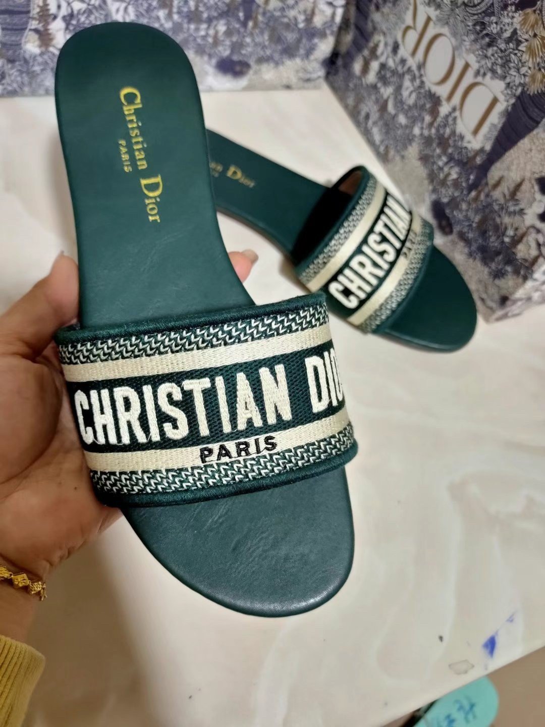 Dior Dway Slides In Green Embroidered Cotton