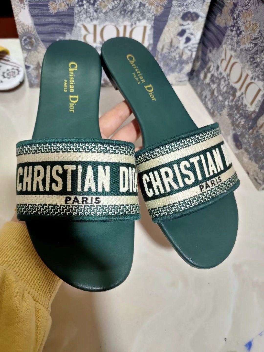 Dior Dway Slides In Green Embroidered Cotton