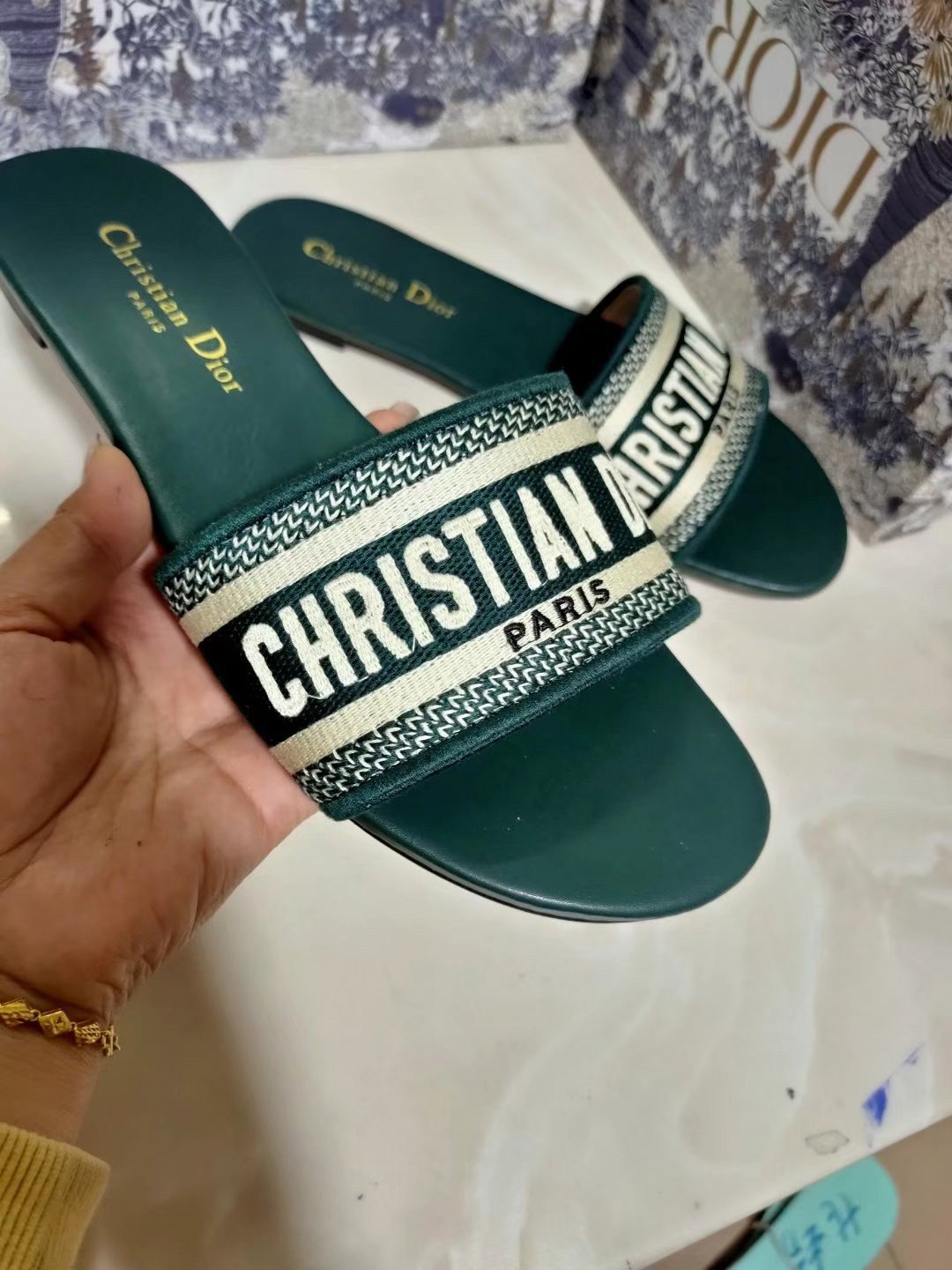 Dior Dway Slides In Green Embroidered Cotton