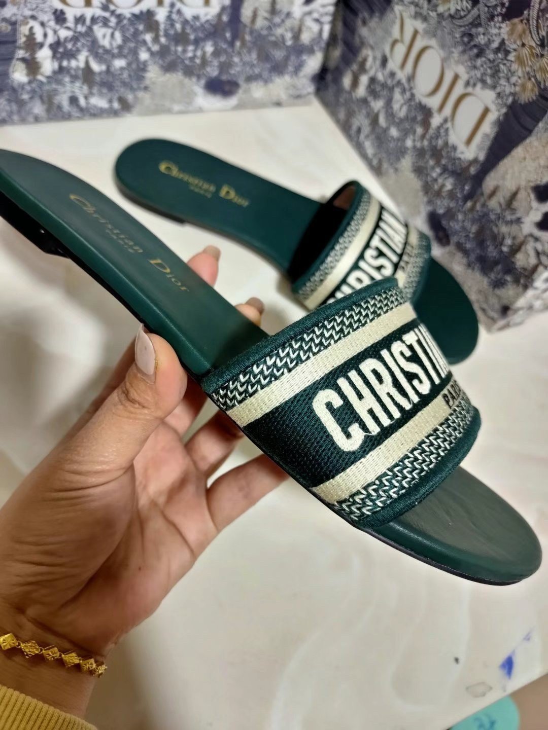 Dior Dway Slides In Green Embroidered Cotton