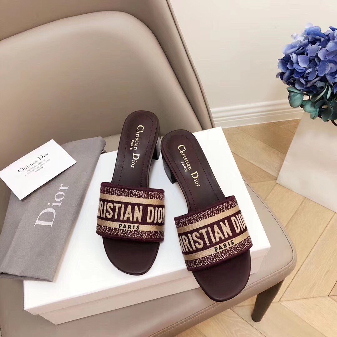 Dior Dway Heeled Slides In Bordeaux Embroidered Cotton