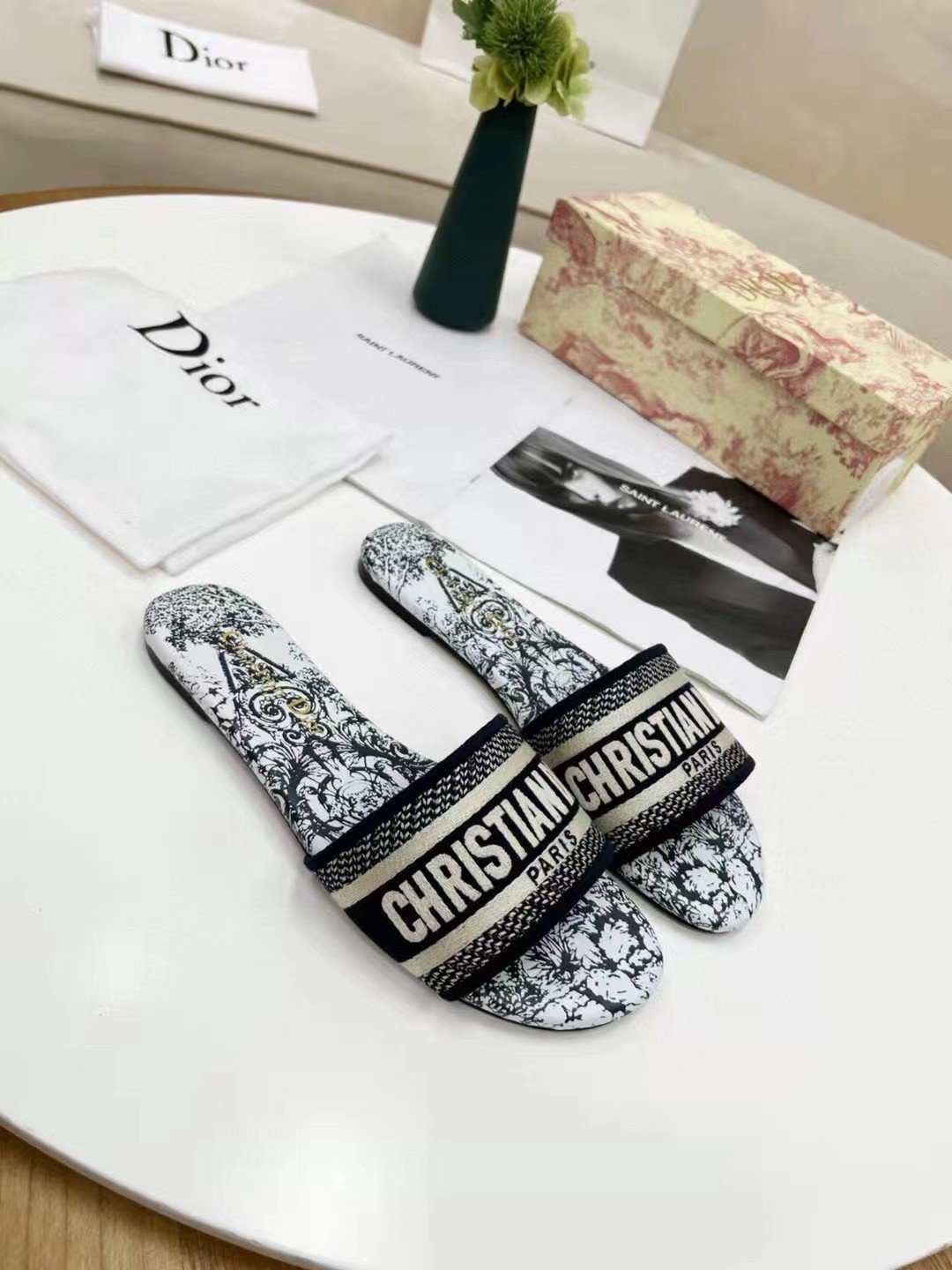 Dior Dway Slides In Blue Around the World Stella Embroidered Cotton