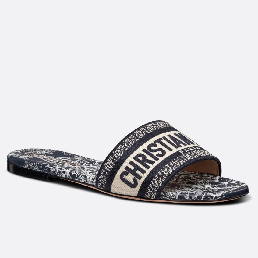 Dior Dway Slides In Navy Around the World Stella Embroidered Cotton