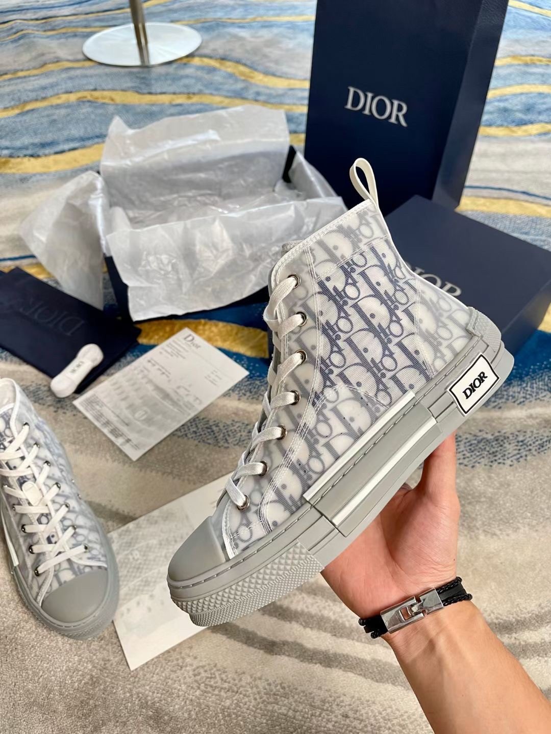 Dior Men's B23 High-top Sneakers In White and Blue Oblique Canvas