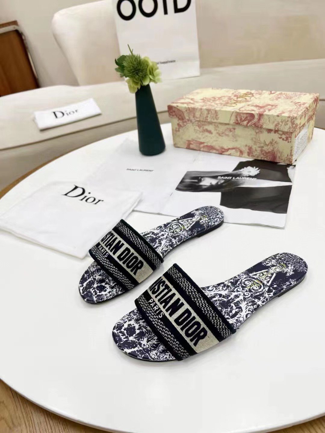 Dior Dway Slides In Navy Around the World Stella Embroidered Cotton