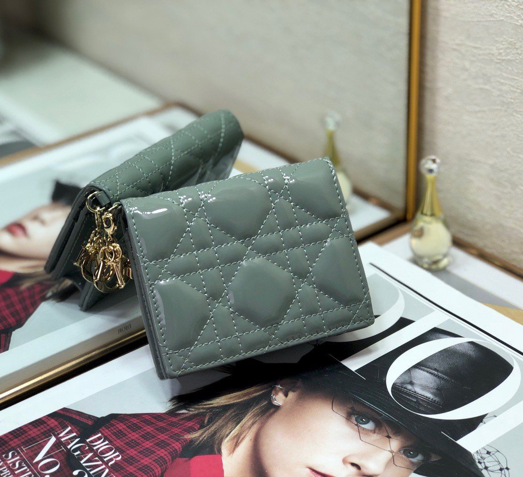 Dior Mini Lady Dior Wallet In Grey Patent Calfskin