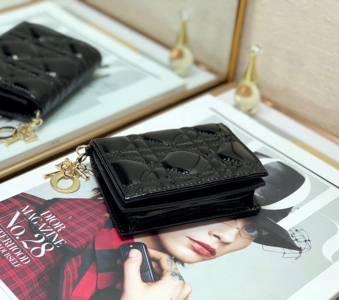 Dior Mini Lady Dior Wallet In Black Patent Calfskin