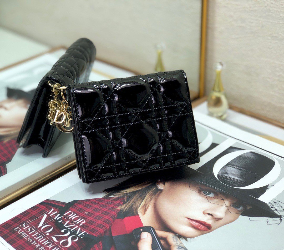 Dior Mini Lady Dior Wallet In Black Patent Calfskin