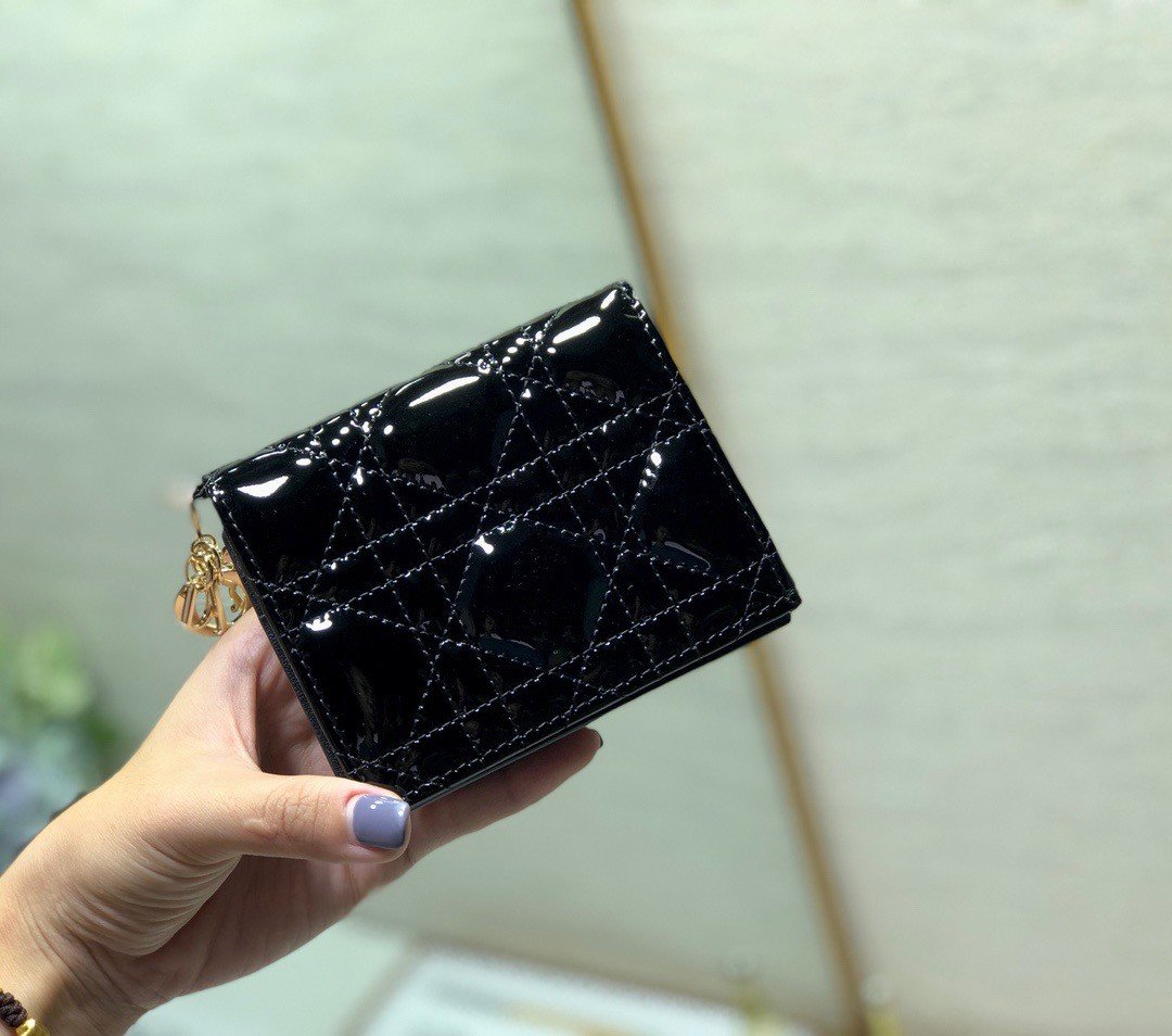 Dior Mini Lady Dior Wallet In Black Patent Calfskin