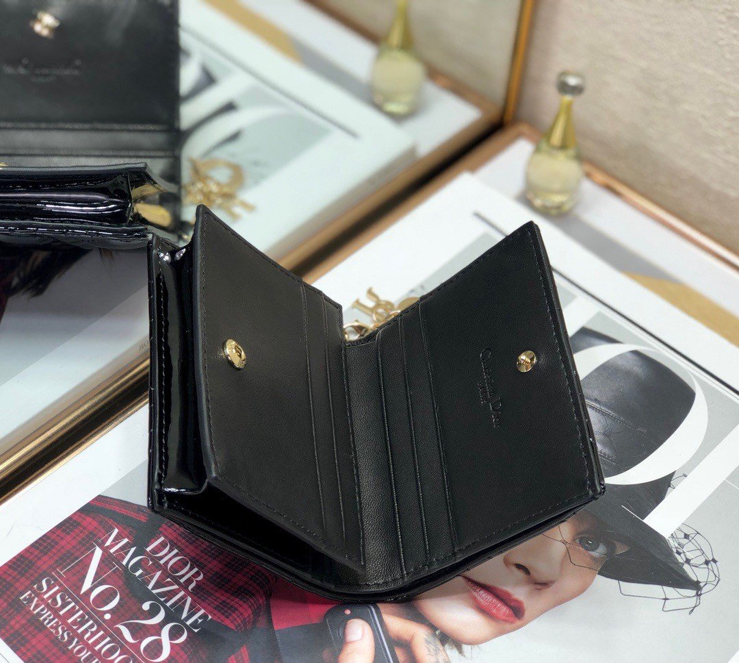 Dior Mini Lady Dior Wallet In Black Patent Calfskin