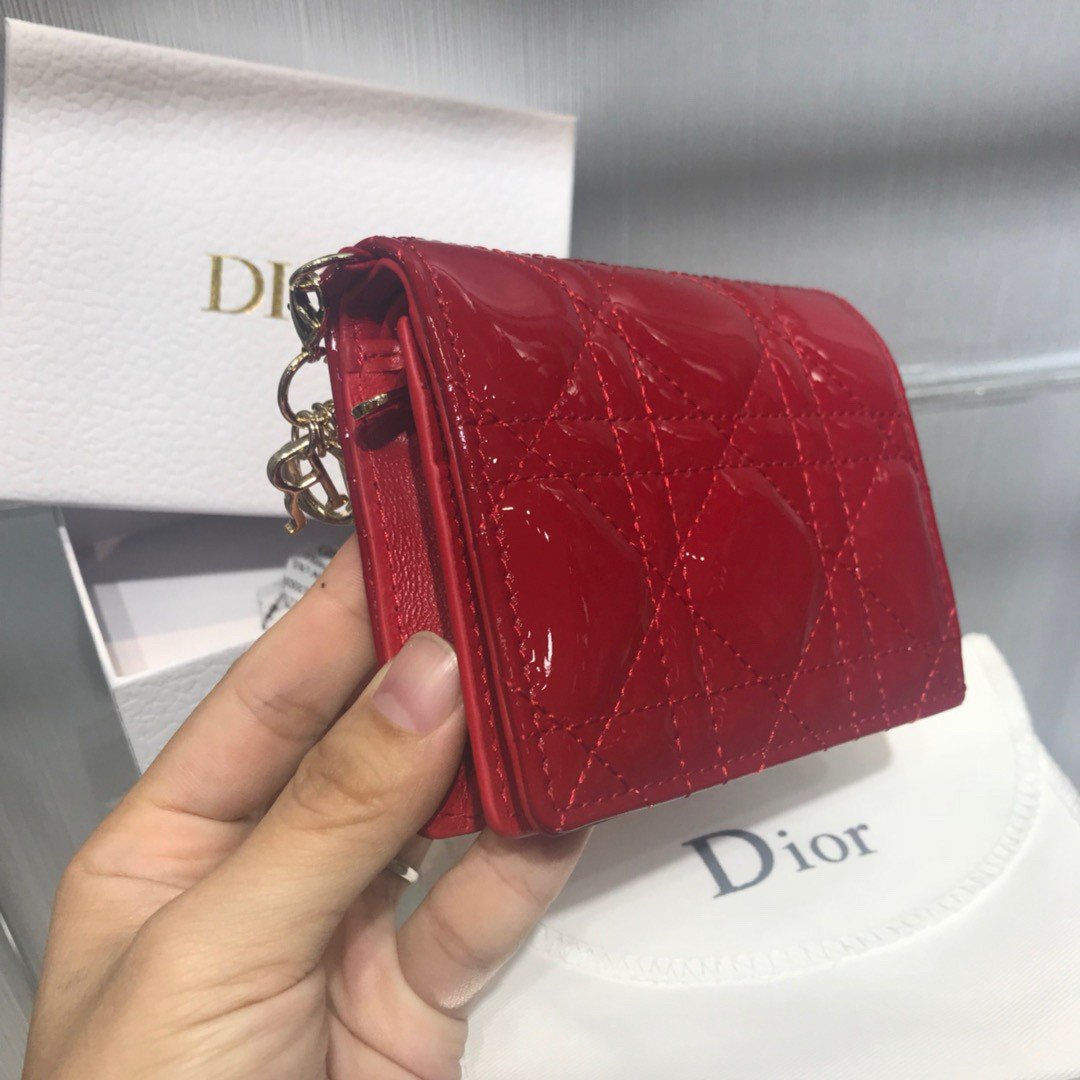 Dior Mini Lady Dior Wallet In Red Patent Calfskin