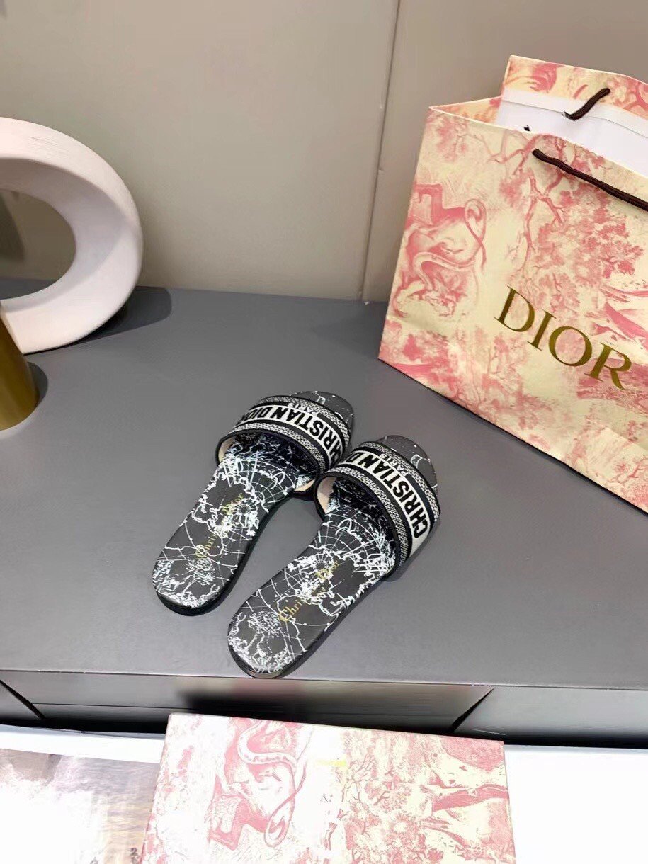 Dior Dway Slides In Black Around The World Embroidered Cotton