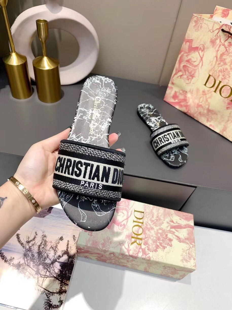 Dior Dway Slides In Black Around The World Embroidered Cotton