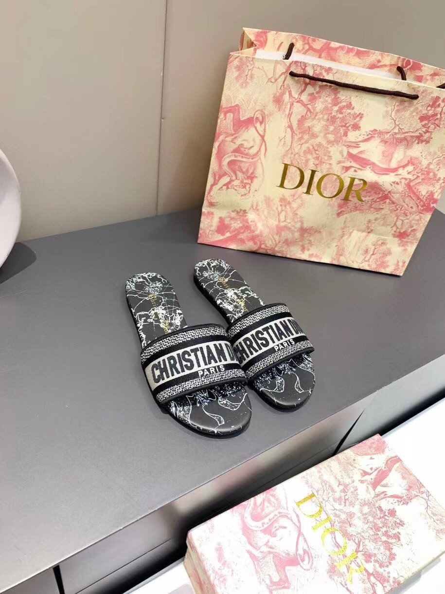 Dior Dway Slides In Black Around The World Embroidered Cotton