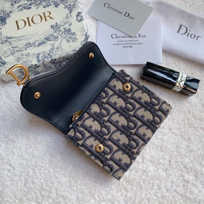 Dior Saddle Lotus Wallet In Blue Oblique Jacquard