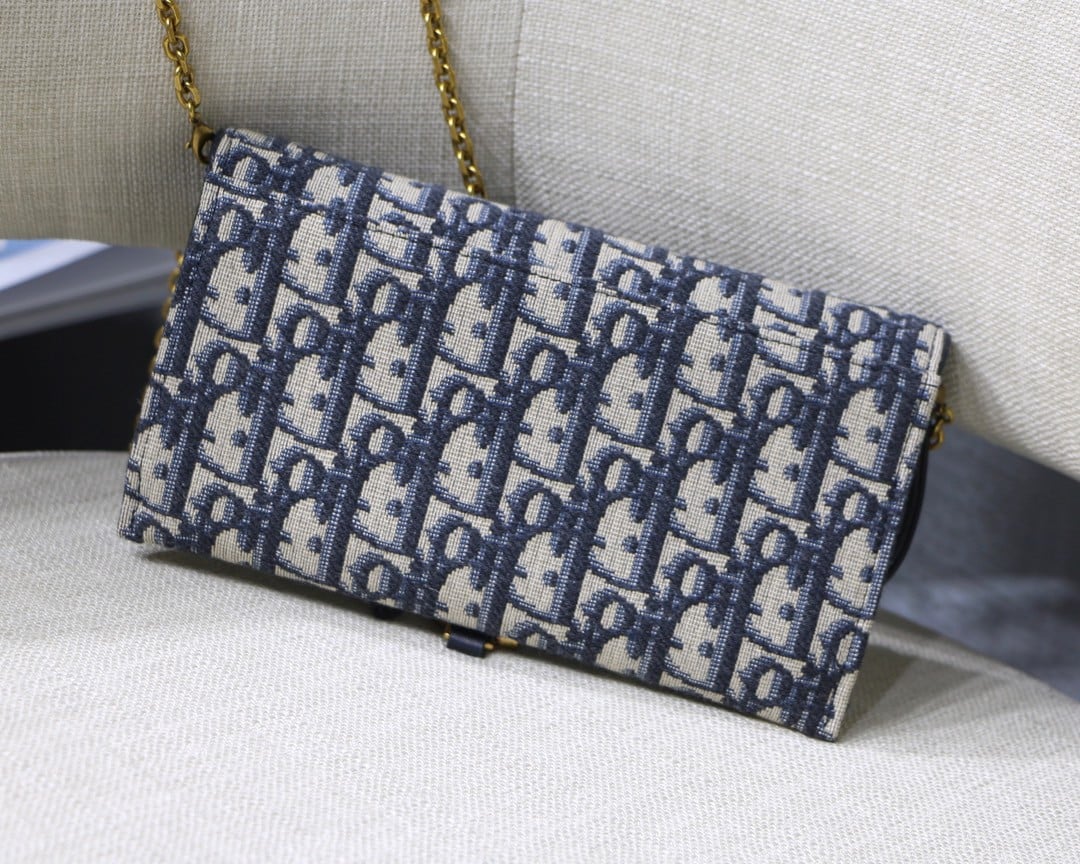 Dior Saddle Chain Wallet In Blue Oblique Jacquard