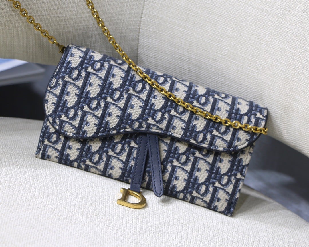 Dior Saddle Chain Wallet In Blue Oblique Jacquard