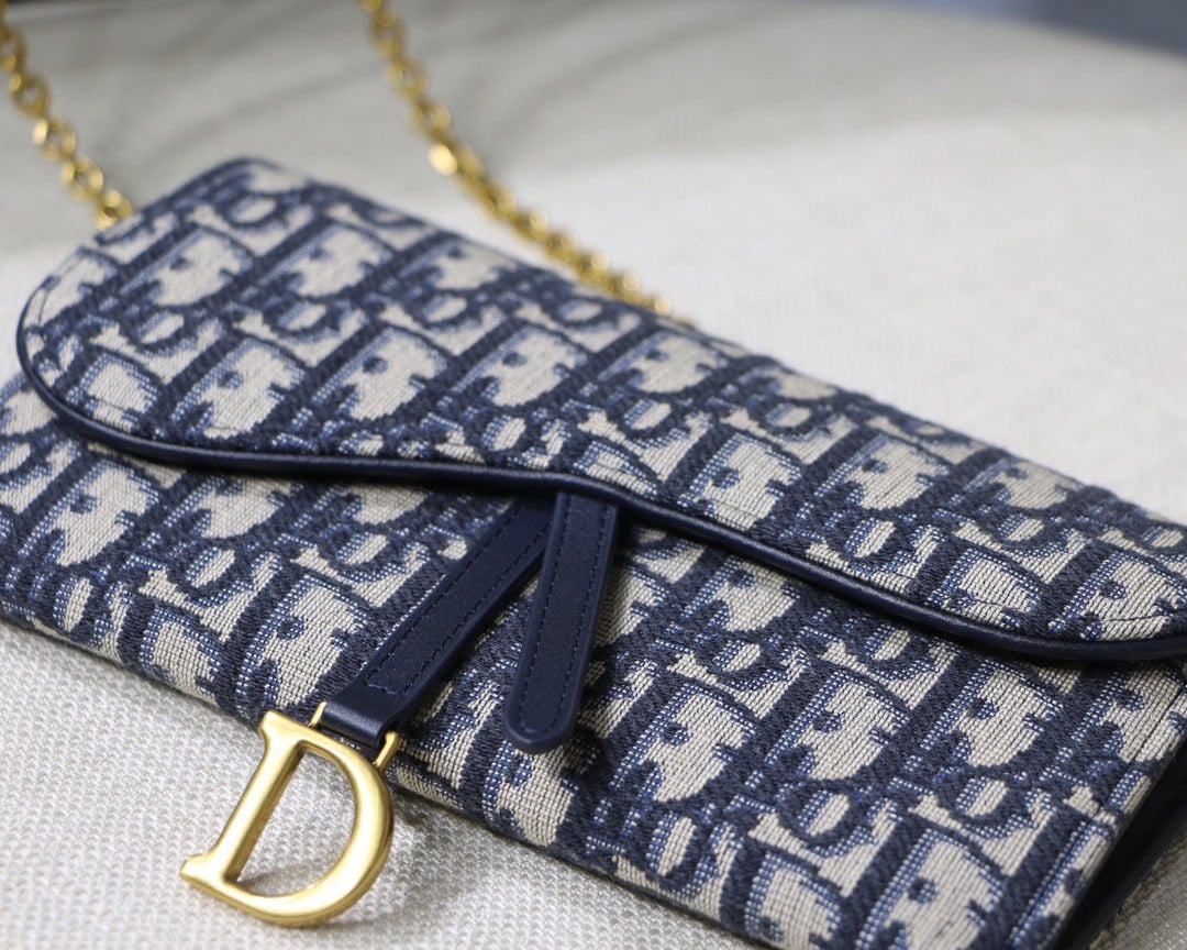 Dior Saddle Chain Wallet In Blue Oblique Jacquard