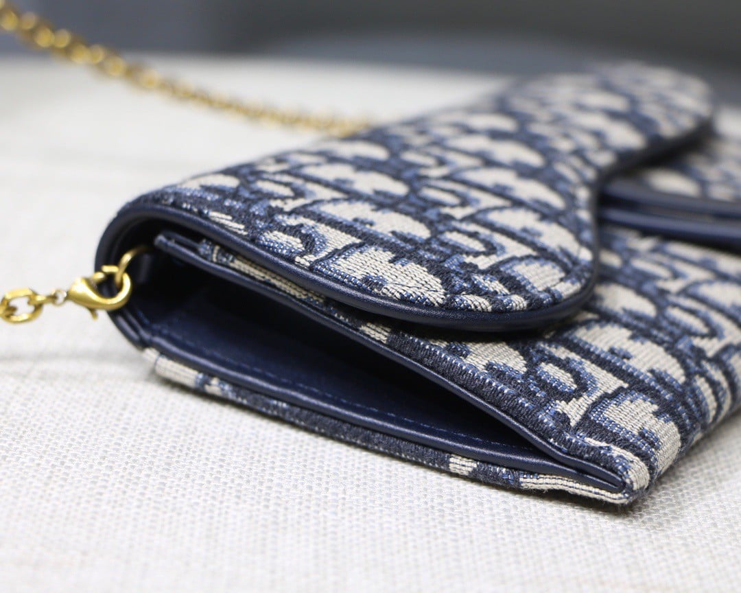 Dior Saddle Chain Wallet In Blue Oblique Jacquard