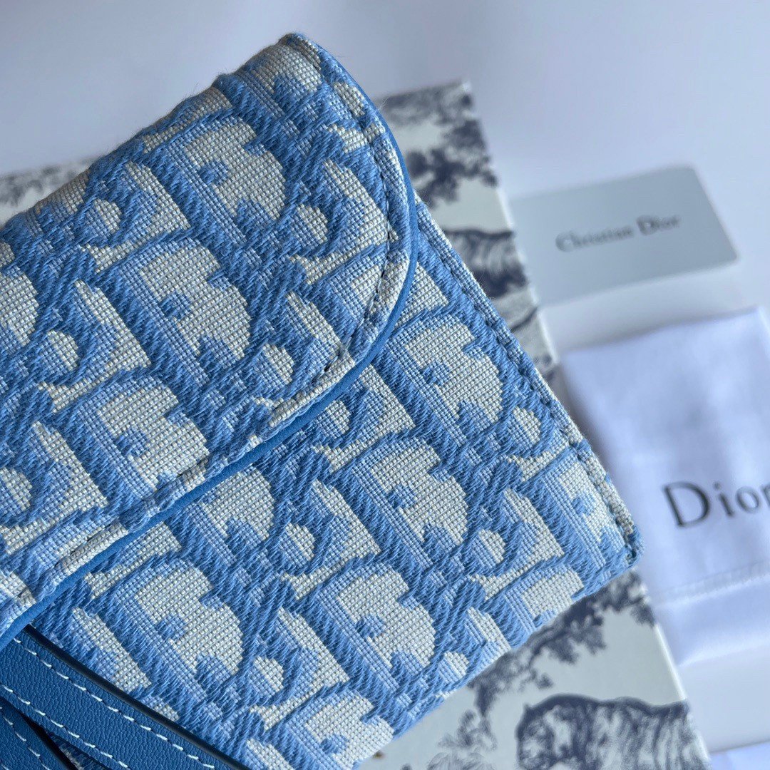 Dior Saddle Chain Wallet In Light Blue Oblique Jacquard