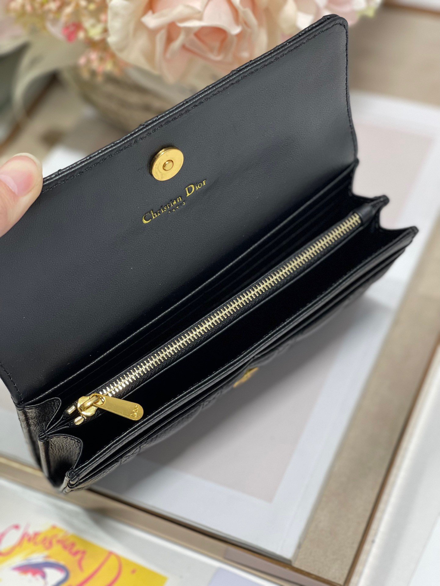 Dior Caro Continental Wallet In Black Cannage Calfskin